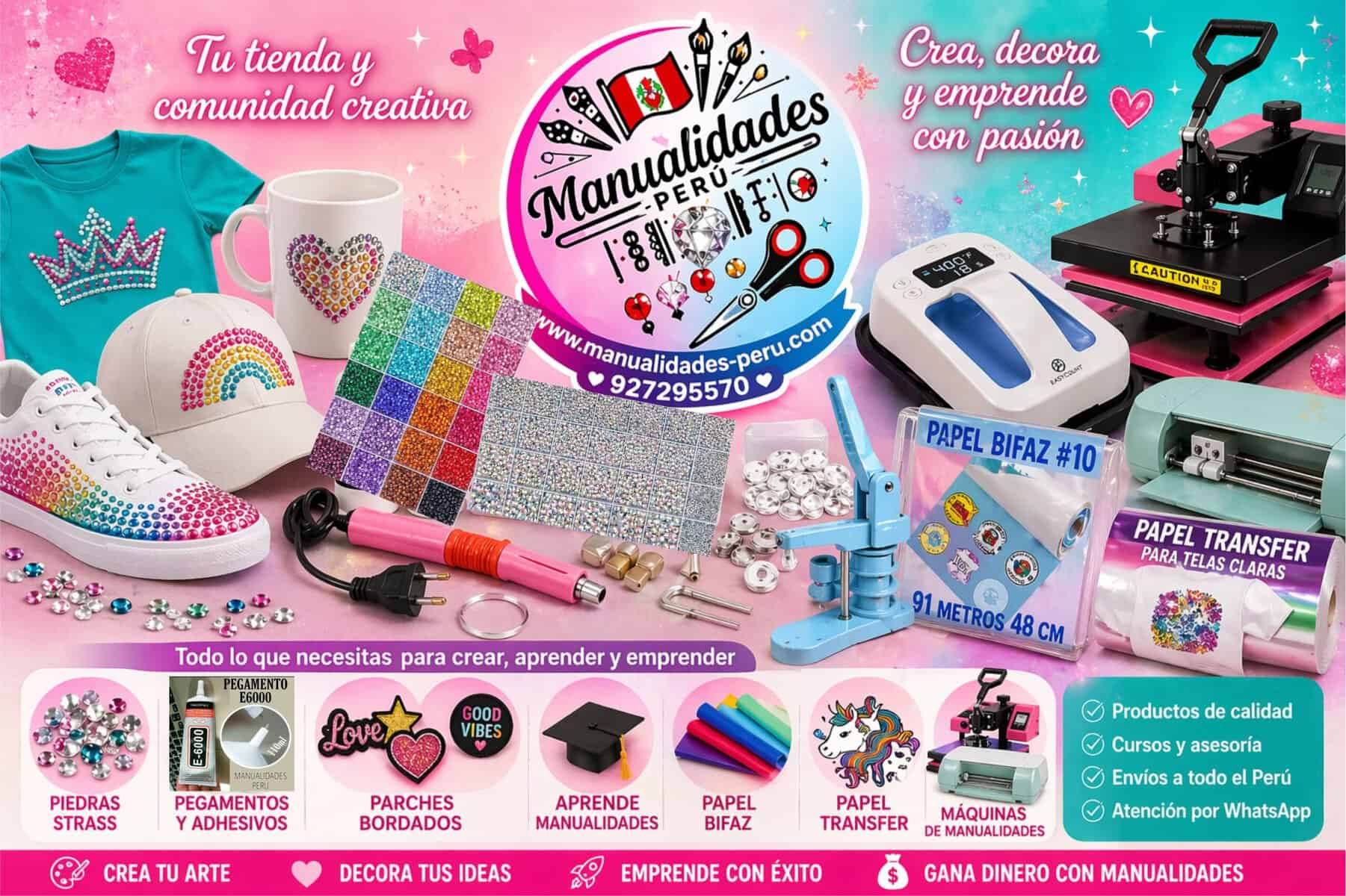 Manualidades Perú tienda de piedras strass pegamentos papel bifaz parches bordados y máquinas para manualidades