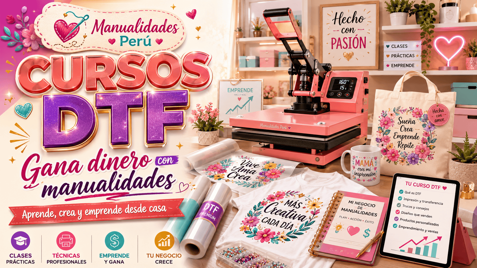 Cursos DTF y UV DTF en Manualidades Perú para ganar dinero con manualidades