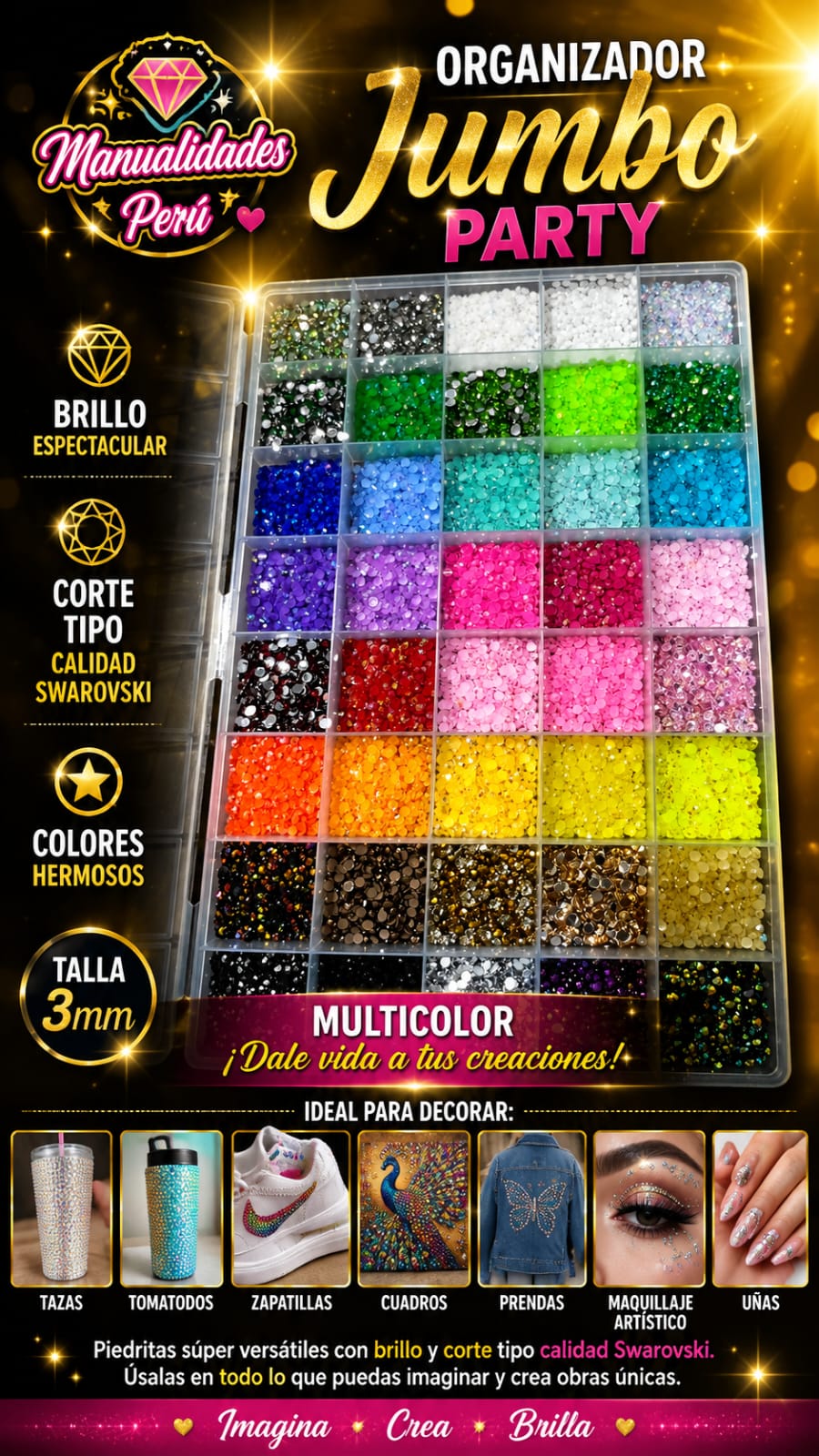 Organizador Jumbo Bedazzling piedras strass multicolor talla 3 mm