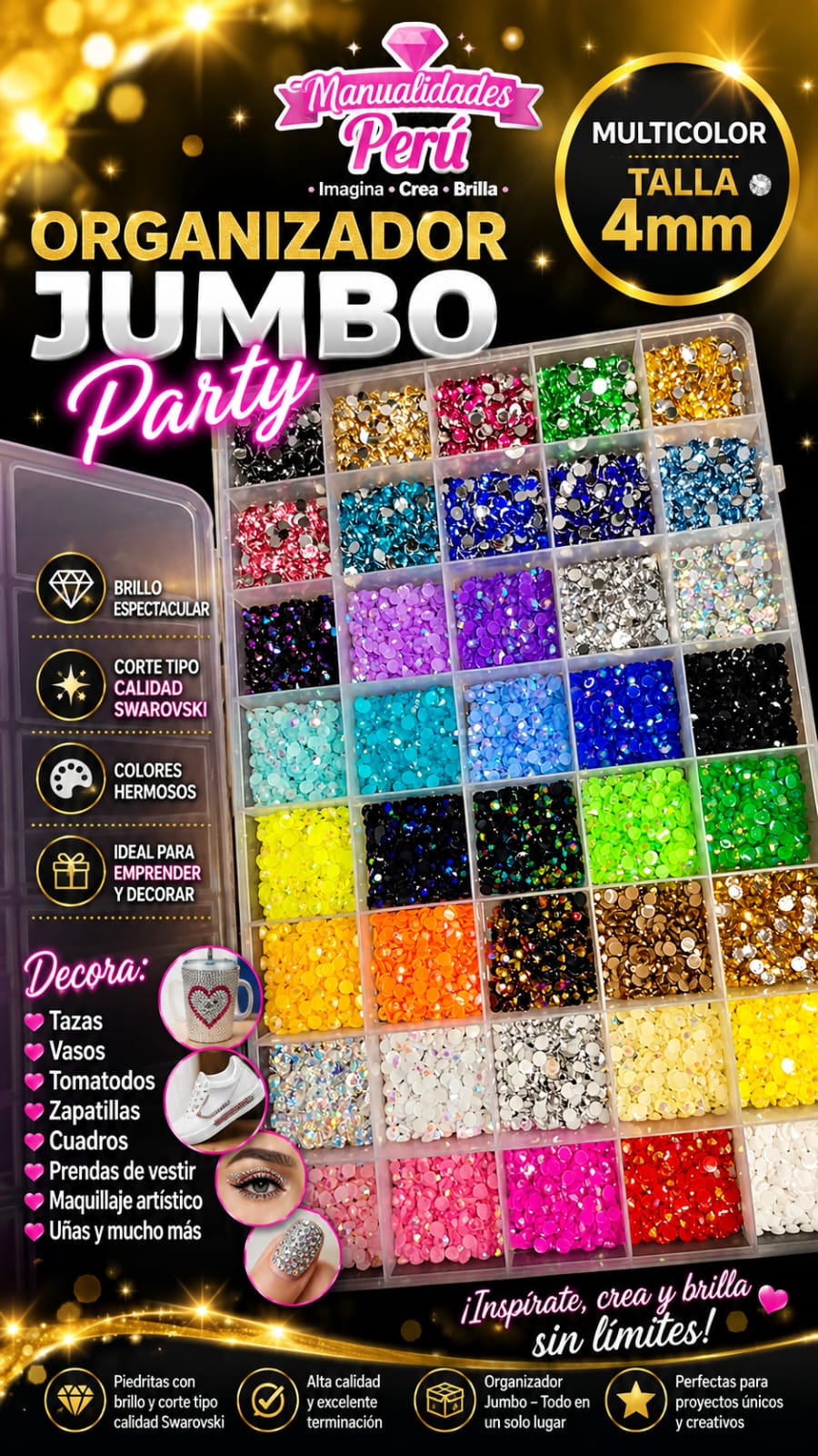Organizador Jumbo Bedazzling piedras strass multicolor talla 4 mm
