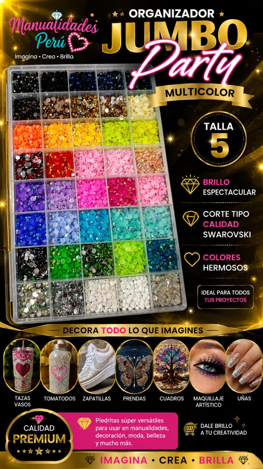Organizador Jumbo Bedazzling piedras strass multicolor talla 5 mm